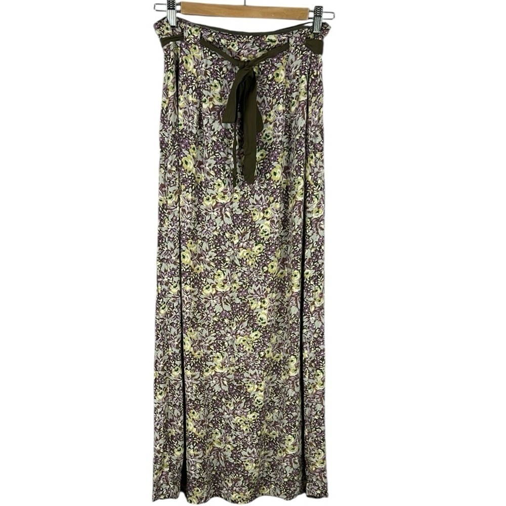 April Cornell Cottagecore Floral Tie Waist Maxi Skirt Small Purple Yellow
